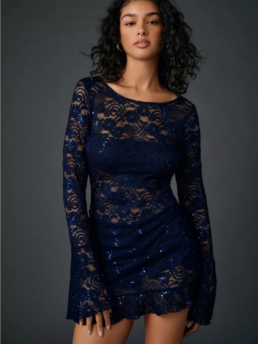 UO Let It All Sequin Embellished Lace Bell Sleeve Romper